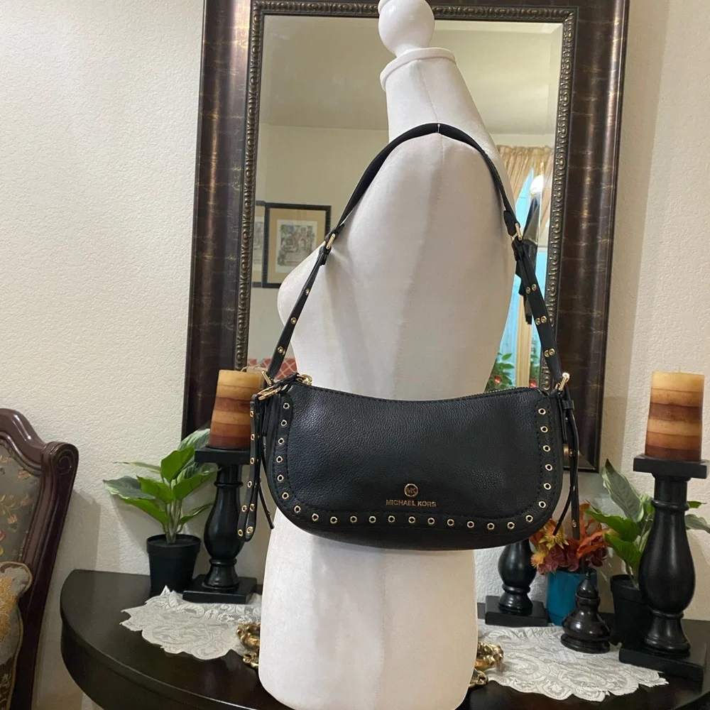 Michael Kors Black Leather Shoulder Bag with Gold Hardware